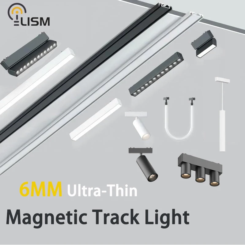 Modern 6MM Ultra Thin Magnetic Track Light DC48V Surface Mount Ceiling Light System Black White Magnet Rail Lamp Spotlight Home