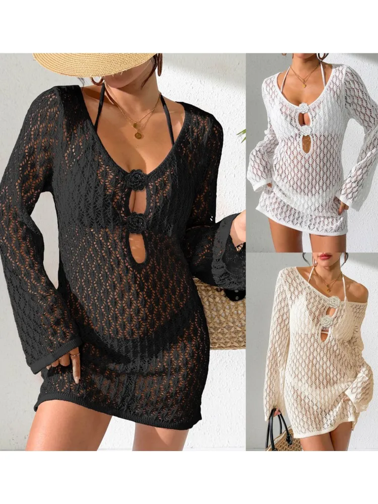 ชุดคลุมชายหาดสไตล์โบฮีเมียนสุดเซ็กซี่ คอวี แขนยาว ผ้าถัก  สำหรับฤดูร้อนปี 2026 เหมาะสำหรับวันหยุดพักผ่อนริมทะเล