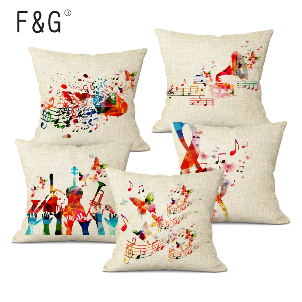 Musical Notes Pattern Linen Pillowcase,Car Seat Square Cushion Cover, Office,Home Sofa Instrument Decorative