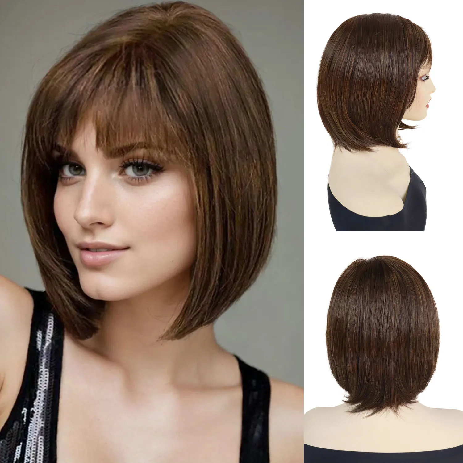Mixed Brown Wig Synthetic 12 Inch Short Straight Bob Wigs with Bangs for Women Daily Mommy Hair Replacement Wig Heat Resistant