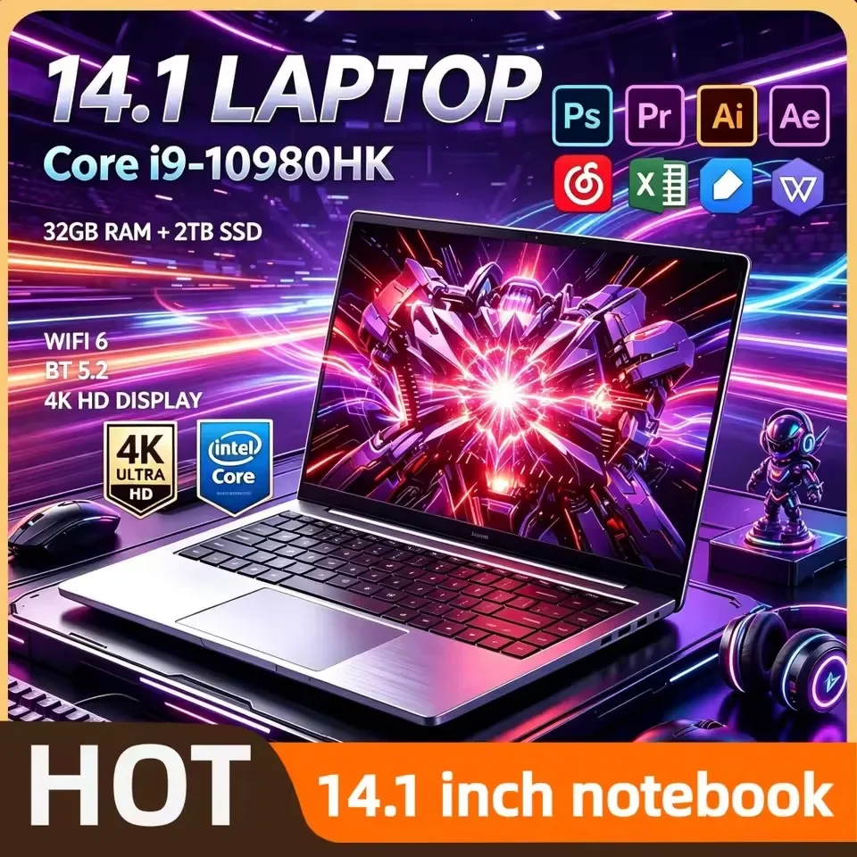 Intel Core i9 10980HK 14.1 Inch Pro Laptop 8C16T 2.4-5.3GHz 16MB 45W 32GB RAM 2TB M.2 SSD Gaming Notebook Office Fast New