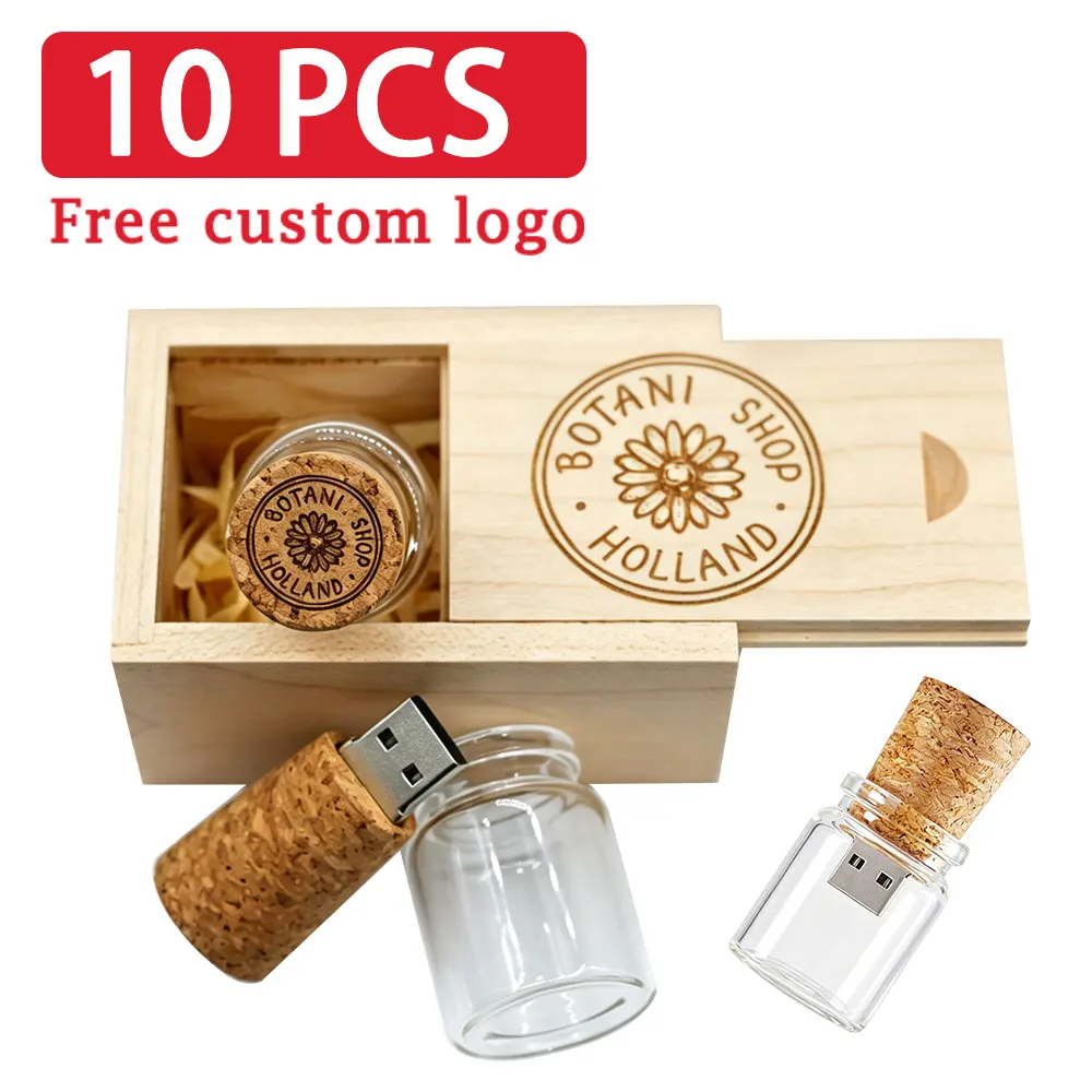 10PCS/LOT Drift Bottle USB Flash Drive 128GB Wholesale Pendrive 64GB Glass Wooden Cork Memory Stick 32GB Free Custom LOGO U Disk
