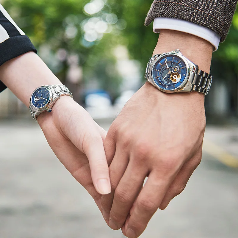MIGE Original Miyota Couple Watches Skeleton Waterproof Luminous Stainless Steel Mechanical Wrist Watch for Men and Women