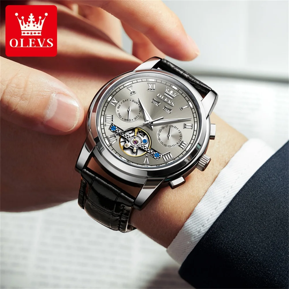 OLEVS Luxury Tourbillon Mechanical Watch for Men Leather Strap Waterproof Fashion Mens Watches Week Date Business Men's Watches