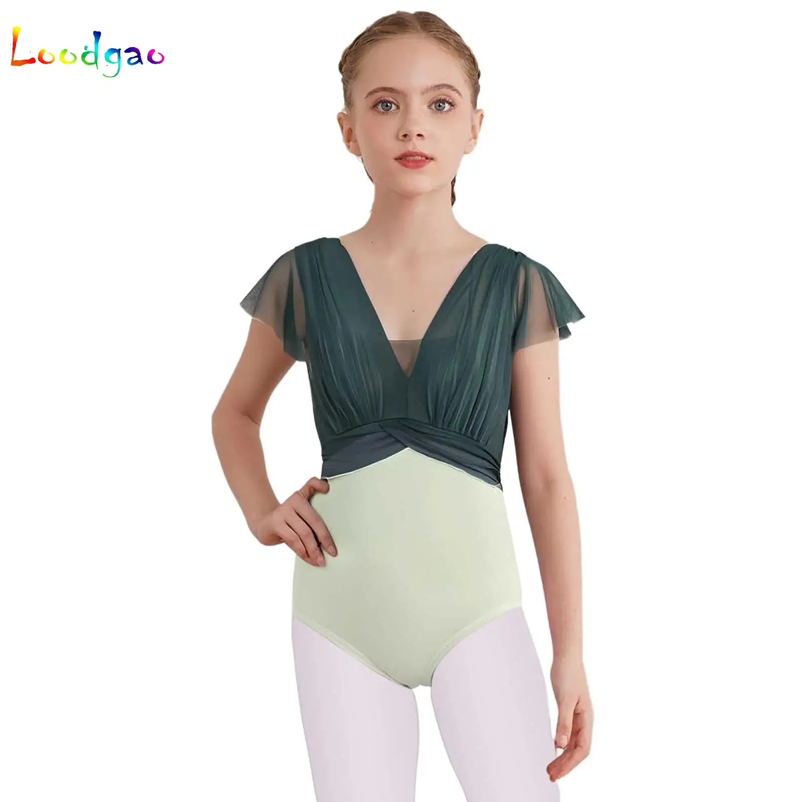 

Girls Ballet Dance Leotard Kids Dance Practice Performance Costumes Ruched Sheer Mesh Overlay Jersey Child Gymnastic Bodysuits