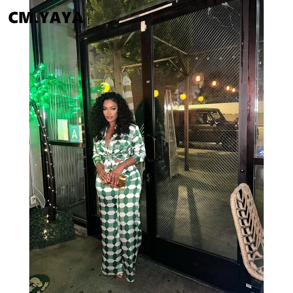 CM.YAYA Chic Plaid Women's Set Long Sleeve Oversized Shirt and Wide Leg Pants 2023 Summer Two 2 Piece Set Outfits Tracksuit