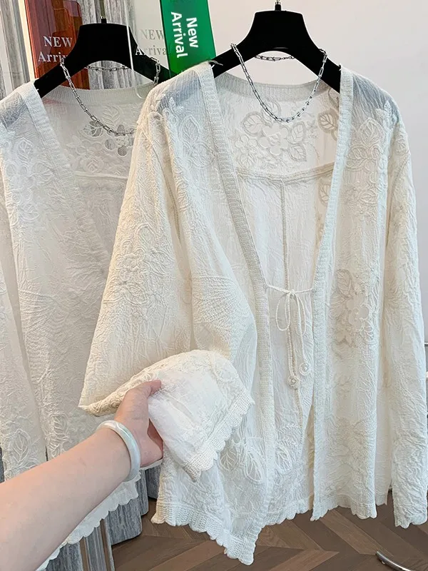 

Новый летний женский универсальный открытый кардиган больших размеров с цветочной вышивкой в стиле ретро, солнцезащитный крем, верхняя одежда с кондиционером