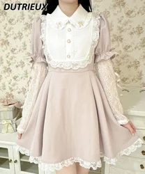 Japanese Style Rojita Lace Splicing Long Sleeve Dress Spring Summer Sweet Cute Girls Multiple Bow Lapel V-neck Dresses