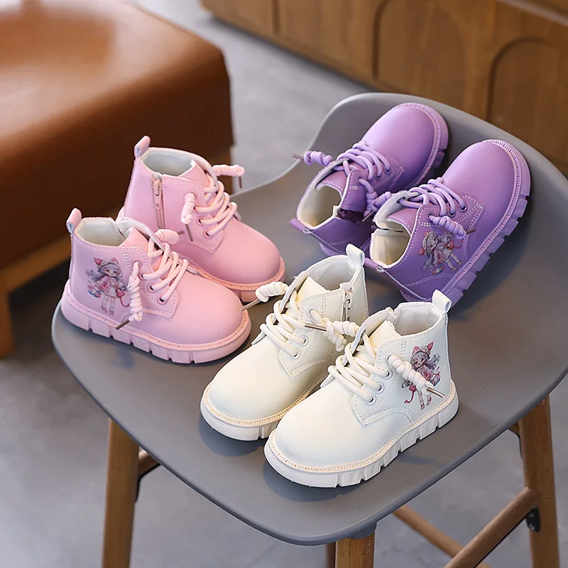 Autumn Winter Girls Platform Ankle Boots Cute Cartoon Children's Causal Boots Non-slip Breathable Kids Outdoor Leather Boots
