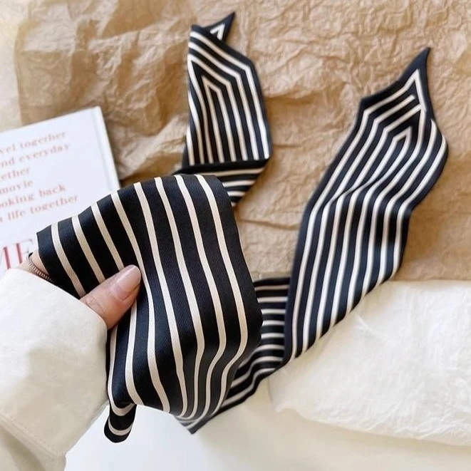 Minimalist striped silk scarf commuting simple for Women, Aesthetic Boho Hair Scarf Wrap, Party Holiday Beach Weekend Unique