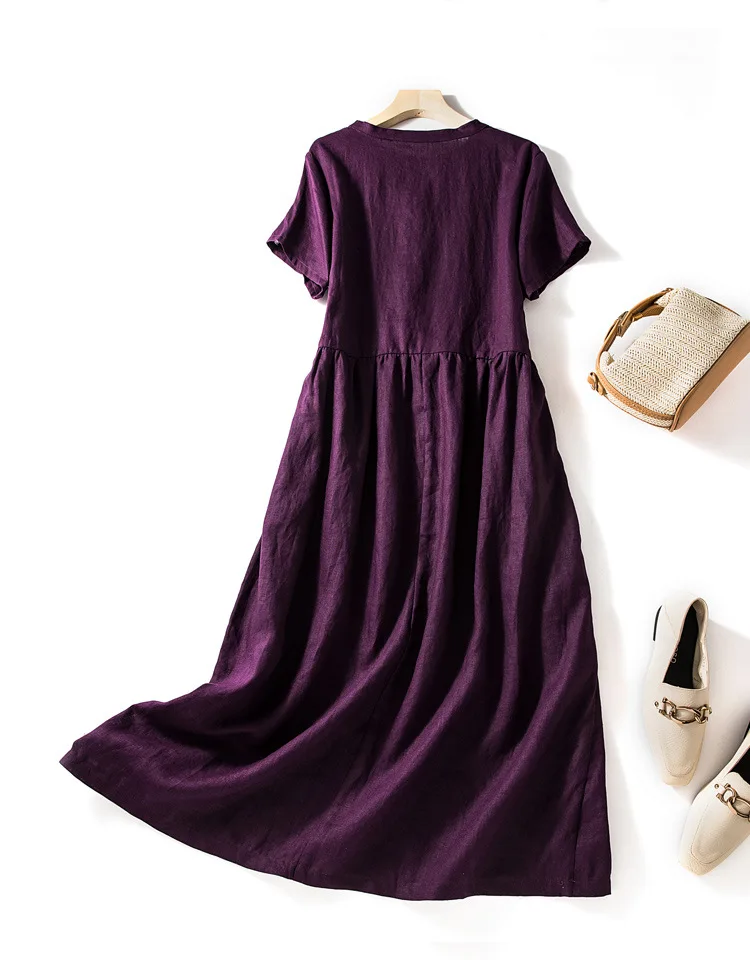 Vintage Purple Plus Size casual Loose Dress Summer Maxi Dress Kaftan Cotton and Linen Patchwork Skirt Retro Bohemian Robe