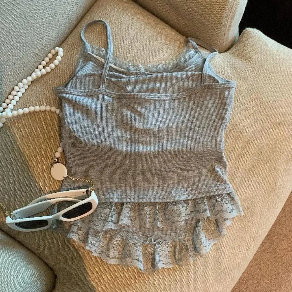 

Plush Dog Slim Crop Top Bottoming Shirt Lace Ruffle Sweet Girl's Vest Top Summer Spice Girls Style Camisole with Pads Seaside