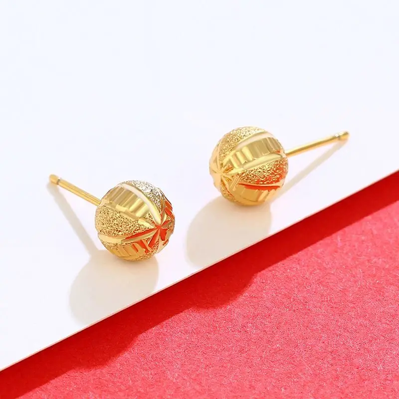 Wholesale price--- 8mm Engraving Ball Stud Earrings For Women Pure Gold Color Fashion Jewelry Nickel free