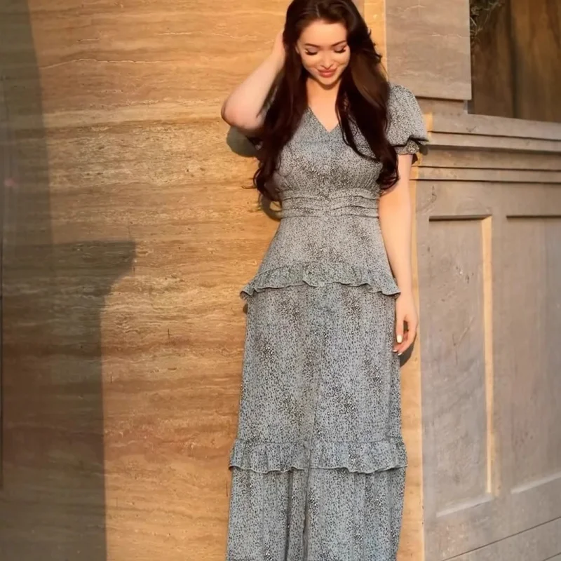 

2025Summer New Sexy Retro Elegant Short Sleeve Waist-Cinching Long Floral Dress for Women