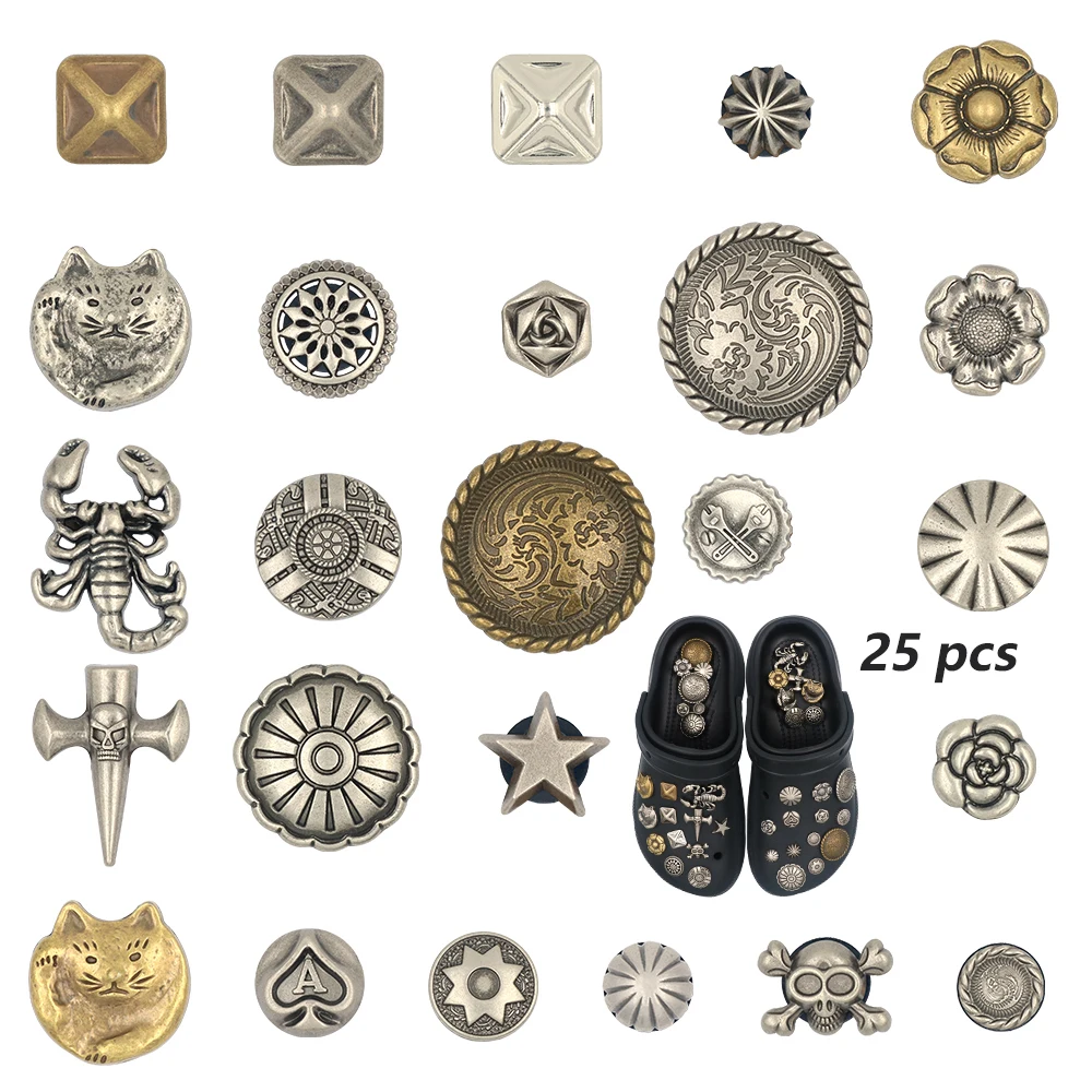 1set Round Shoe Decorations Various Patterns Flower Scorpion Skeleton Cat Golden Silvery Snap-in Handmade Shoe Accessories Charm