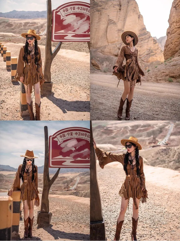 

Ideal Three Decade Travel Women's Western Cowboy Outfit Set Brown Heavyweight Skirt Short Style City Commute Tourism