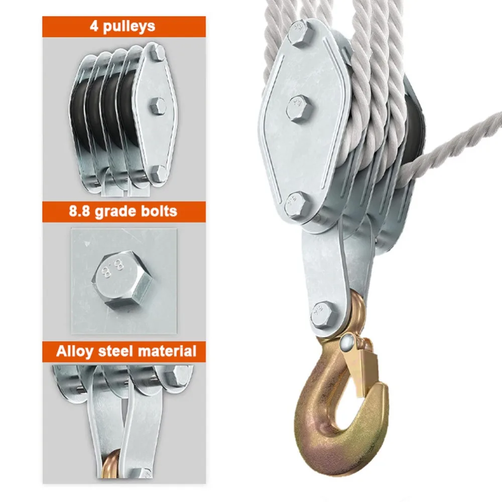 1Pcs 270 Degree Rotatable Rope Pulley Block Zinc Alloy Hook Heavy Duty Rope Pulley Hoist 9.5mm Rope Diameter Polyethylene Rope