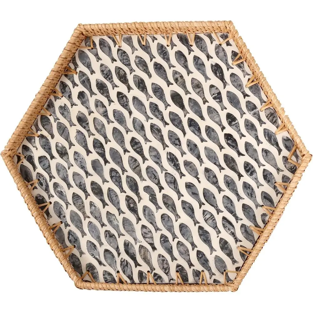 

Hexagon Rattan Tray with Mother o Pearl Inlay, Rattan Serving Tray or Coee, Bread, ruits, Snacks, Decorative Wicker Tray or Tabl