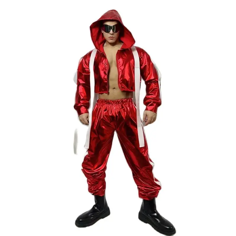 Bar Nightclub Dj Gogo Costume Men Red Hip Hop Hoodies Coat Pants Male Stage Pole Jazz Dancer Clothes Outfit Clubwear XS5956