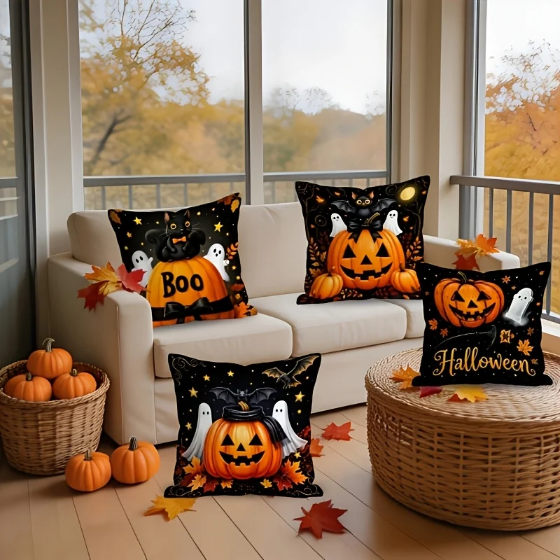 Cute Halloween Throw Pillow Covers Set 4 Pack Printed Spooky Ghost Pumpkin Cushions for Fall Autumn Home Decor Seasonal Accent