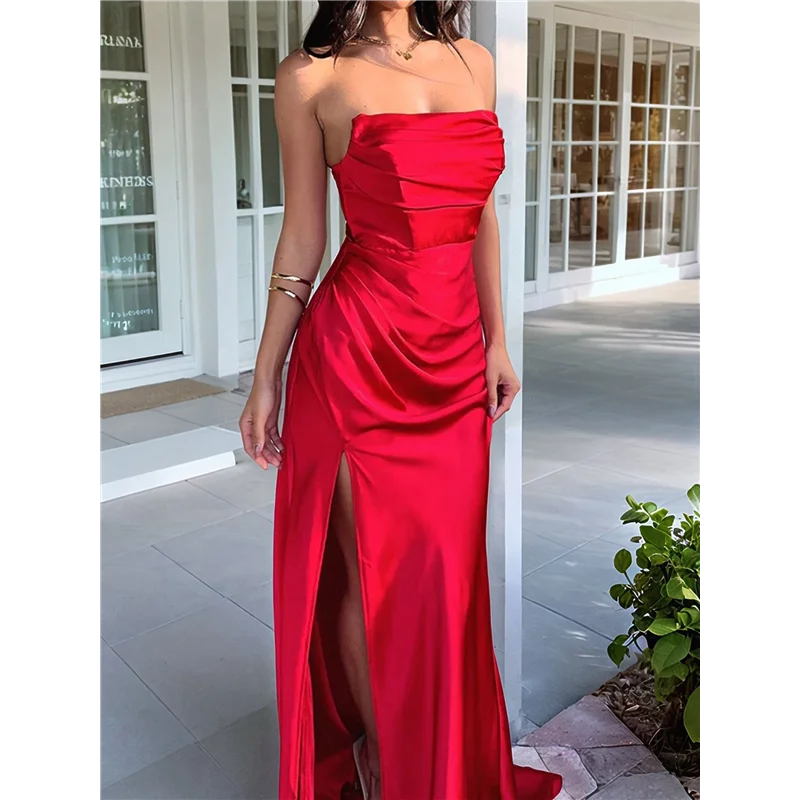 NUOVO-Abito da sera lungo formale aderente da donna elegante senza maniche con spalle scoperte
