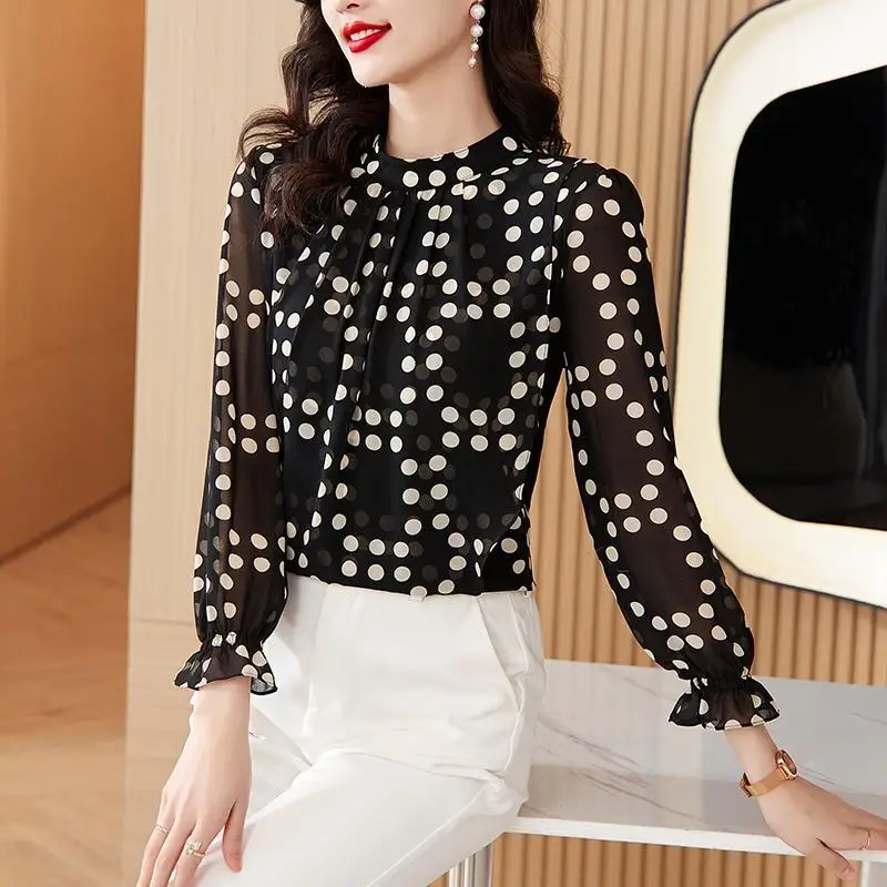 Elegant Commute Polka Dot Printed Chiffon Shirt for Female Autumn Round Neck Long Sleeve Temperament Blouse Women\'s Clothing