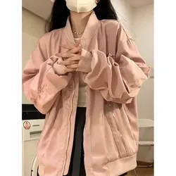 Female Spring Autumn New American Retro Pink Flight Suit Jacket Women Loose Fitting Leisure Workwear Unisex Baseball Tops Coat