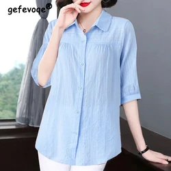 Single-breasted Solid Color Turndown Collar Half Sleeve Women 2022 Summer Fashion Casual Clothes Elegant Blouse Female T-shirts