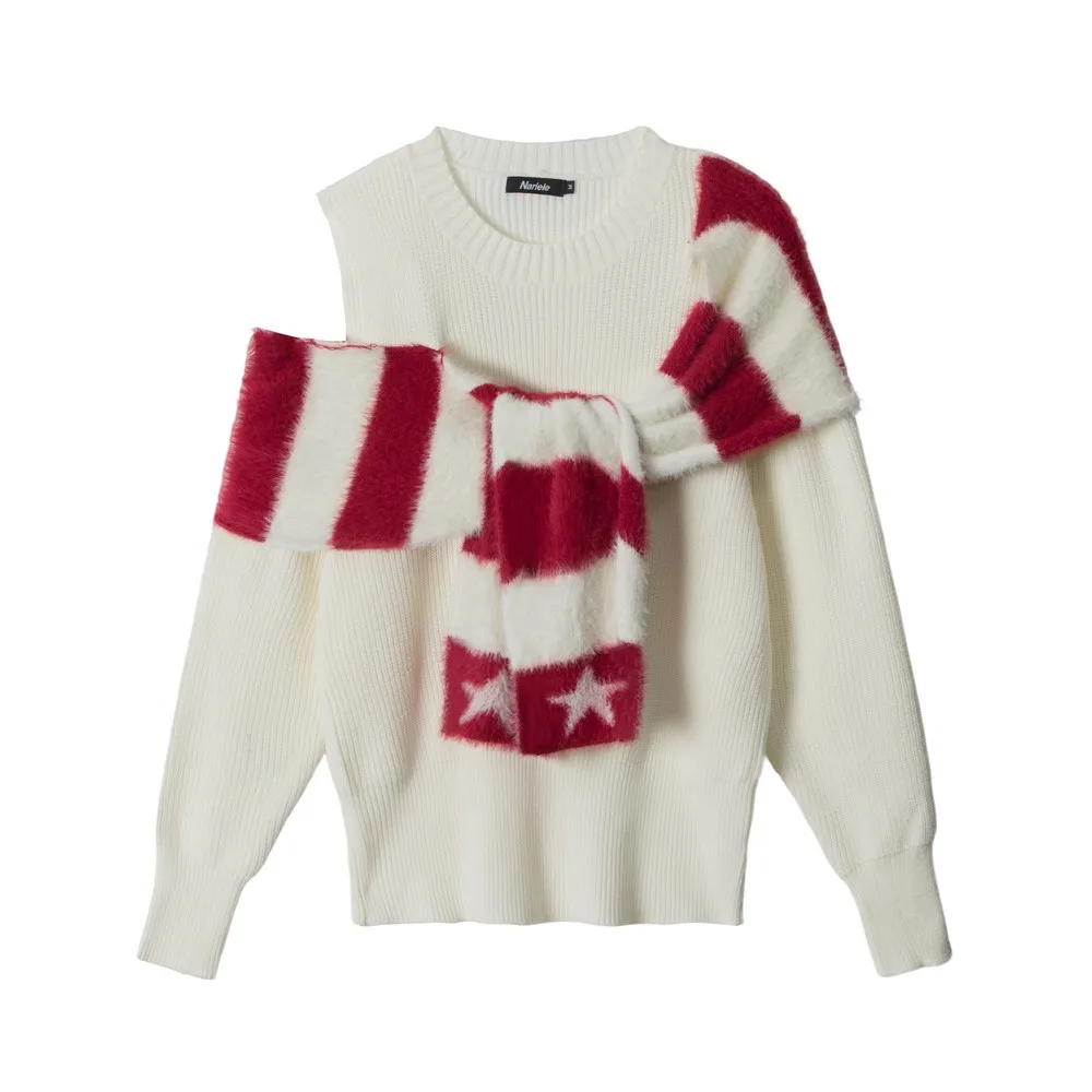 Bare-shoulder Decollete Scarf Patchwork Elegant Sweaters Design Knitted Winter Clothes Sexy Pullovers Tops for Women Girls Lady