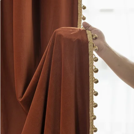 American Light French Retro Red-brown Curtains with Golden Lace Living Room Master Bedroom Decoration Room Blackout Velvet Door