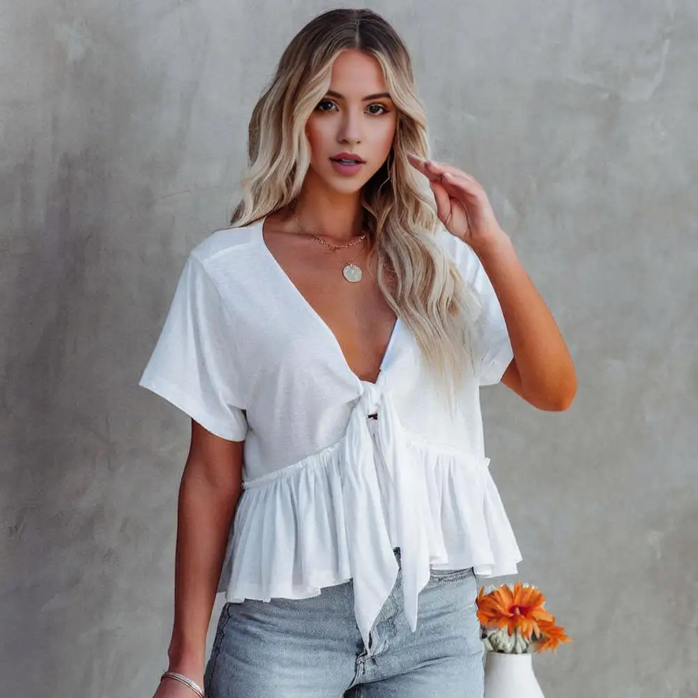 

V-Neck Tops Women Casual T-shirt Knot Design Ruffle Hem Loose Fit Tee Tops Female Blouses 2024 Summer Top New blusas