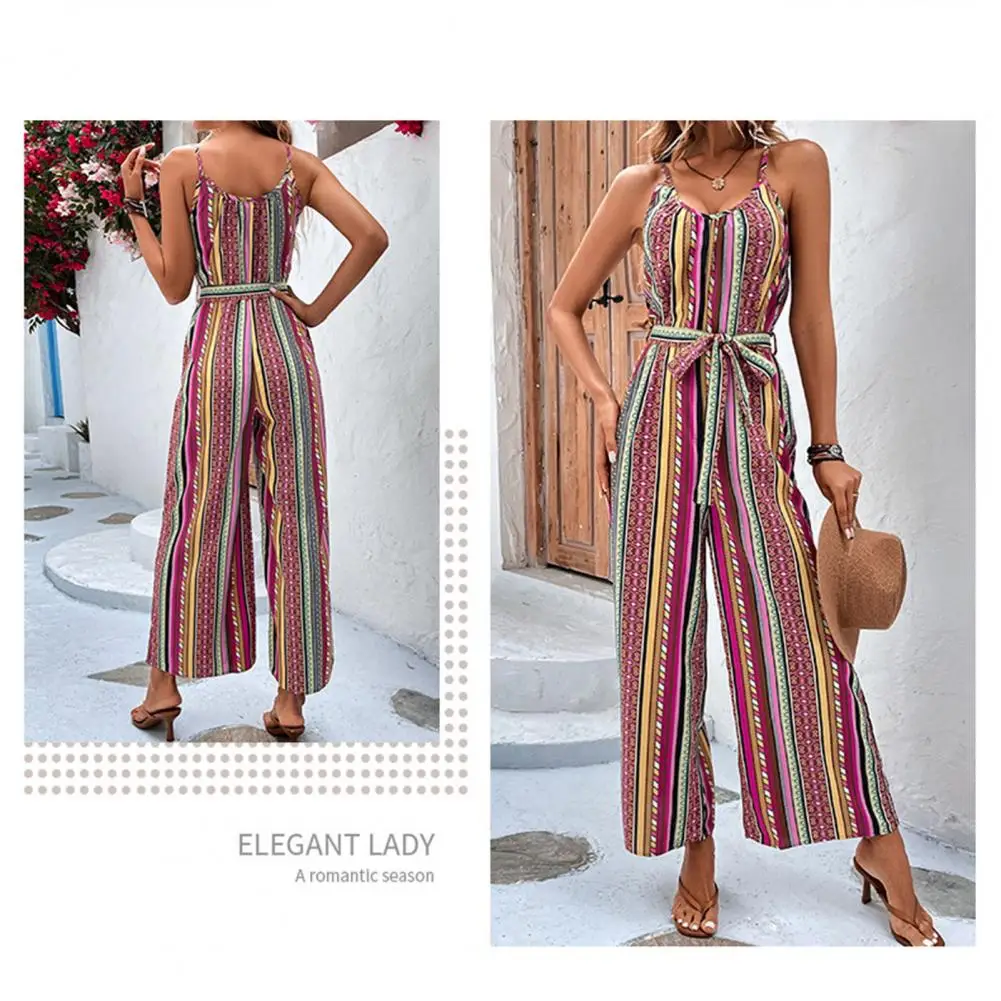 

Loose Fit Women Jumpsuit Colorful Striped Women's Summer Jumpsuit with V Neck Wide Leg Sleeveless Vacation Ninth Jumpsuit for A