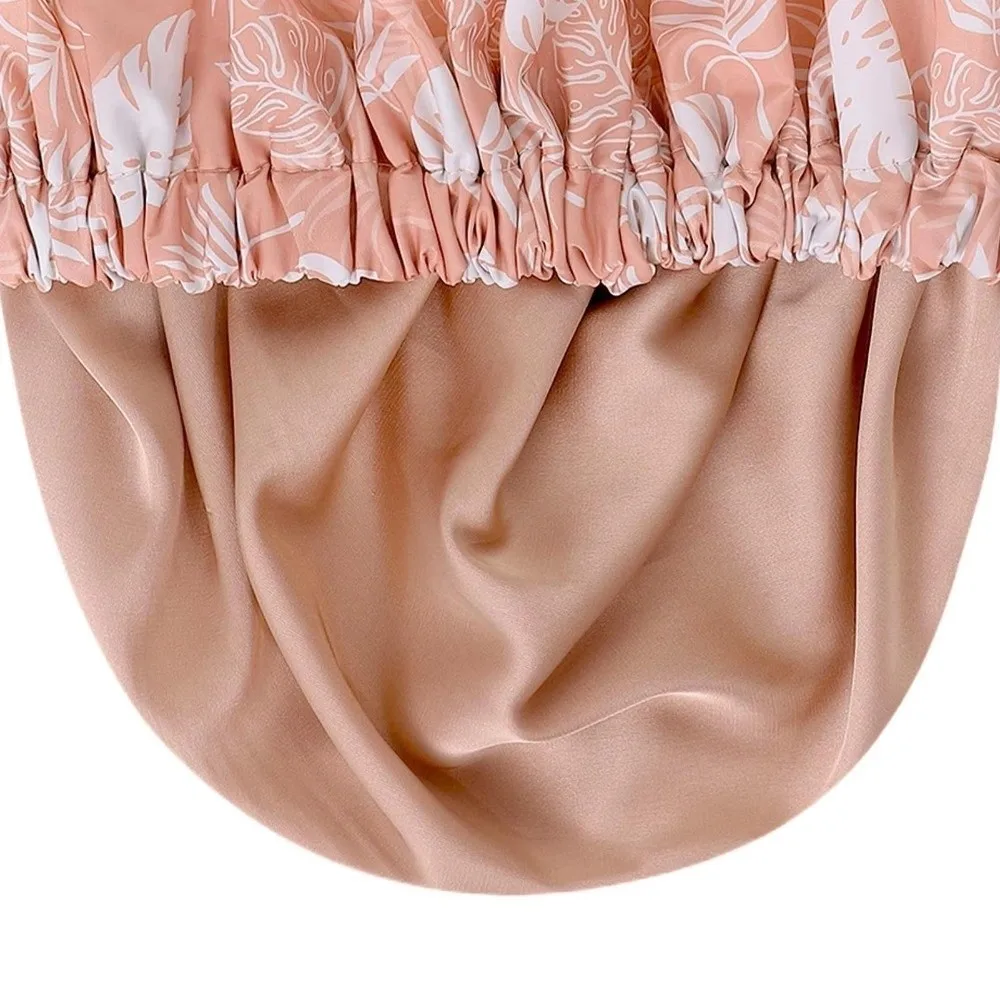 New Waterproof Shower Cap Satin Lined Double Layer Bath Cap Reusable Soft Elastic Band Shower Bonnet Salon Use