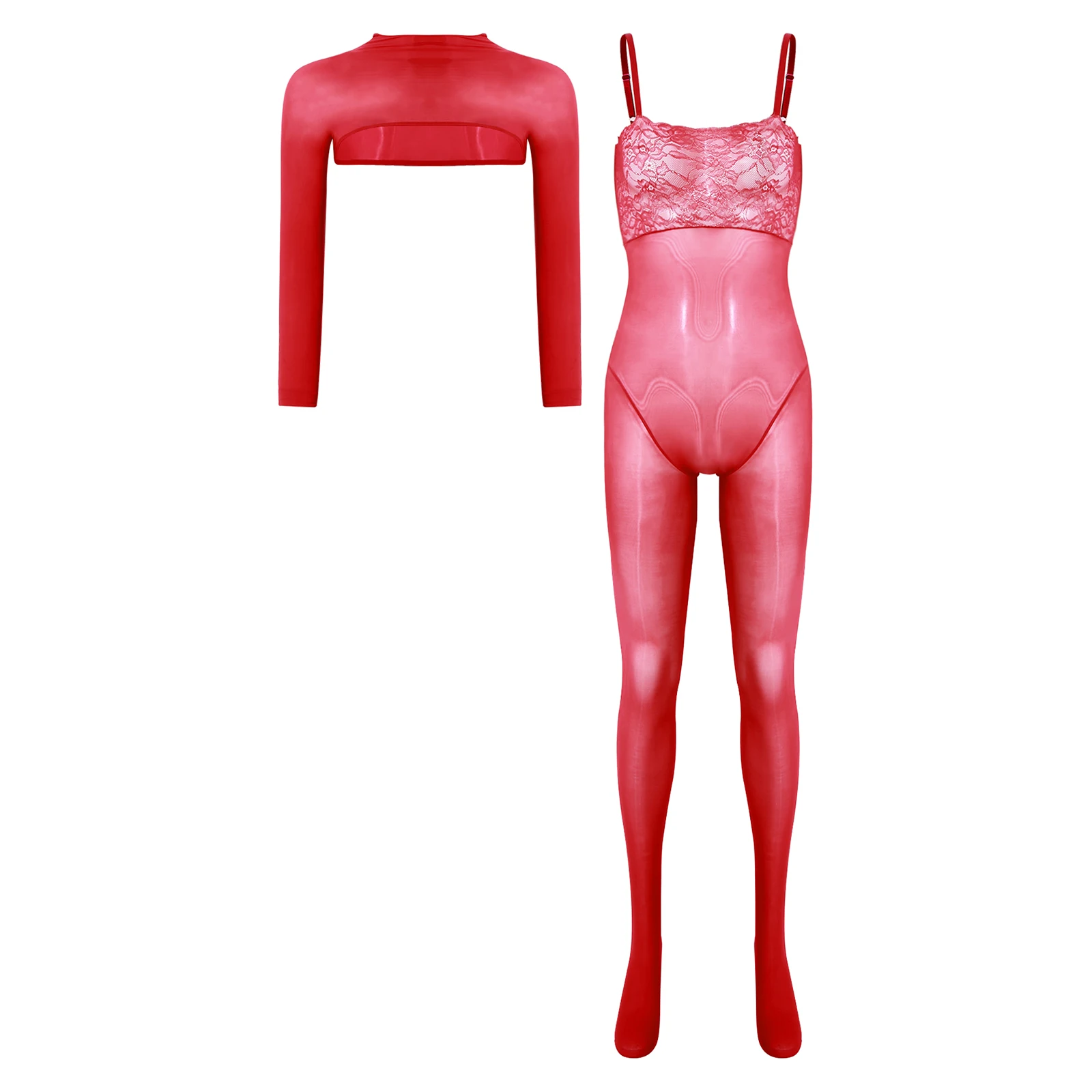 Stoking Tubuh Seksi Ultra Tipis Wanita dengan Renda Bunga, Stoking Berkaki dengan Atasan Crop Lengan Panjang, Pakaian Tidur Erotis Transparan