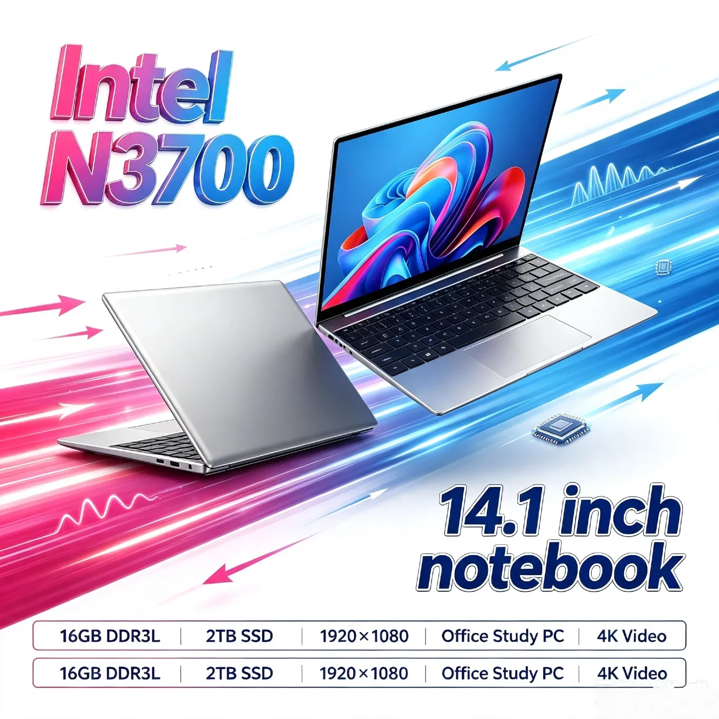 Intel N3700 Ultra Slim 14.1 Inch Gaming Laptop 16GB DDR3L 2TB SSD 1920x1080 Office Study Notebook PC 4K Video Pro Max