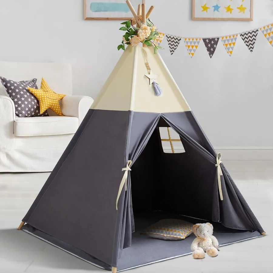 

100 Cotton Teepee Tent with Mat Beige Gray Play Tent with Colored Flag Portable Indoor Outdoor Tent with Carry Bag for Girls an