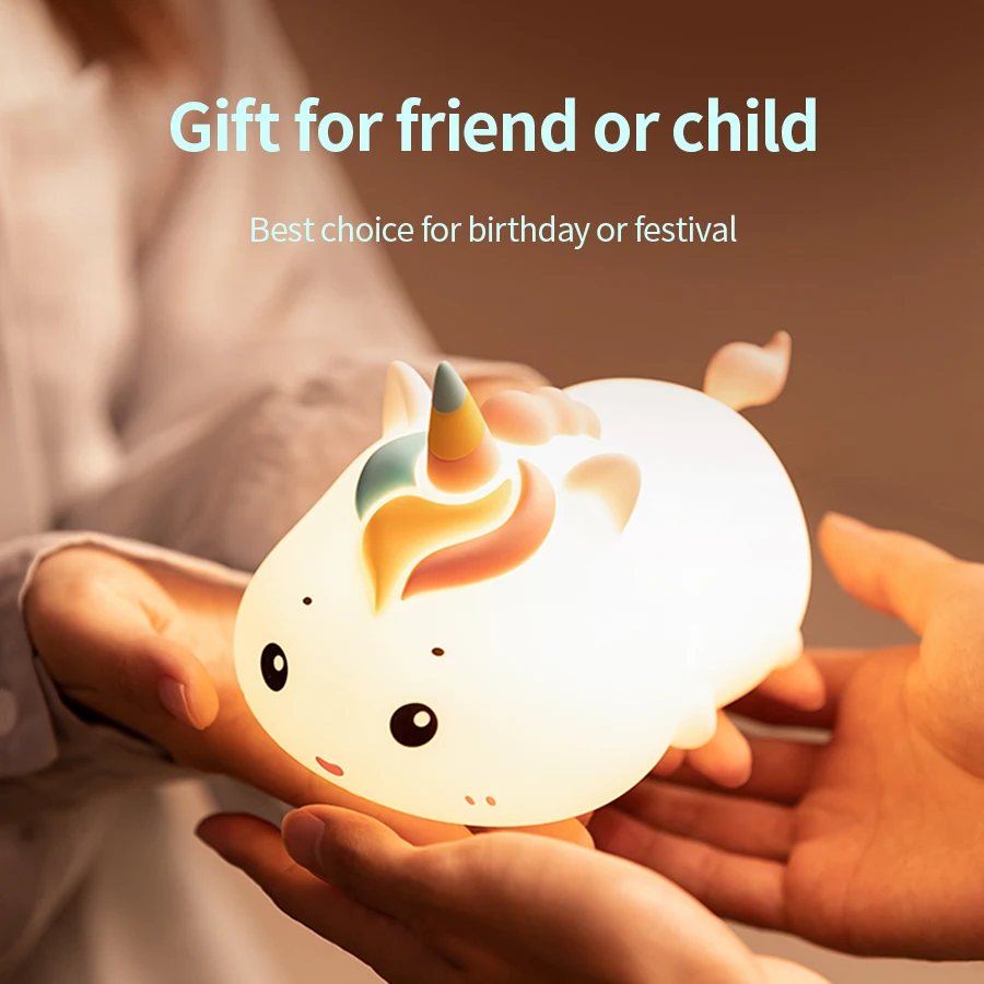 

Silicone Patting Lamp Unicorn LED Rechargeable Night Lamp with Remote Control Dimmable Bedside Bedroom Mood Light Creative Gift