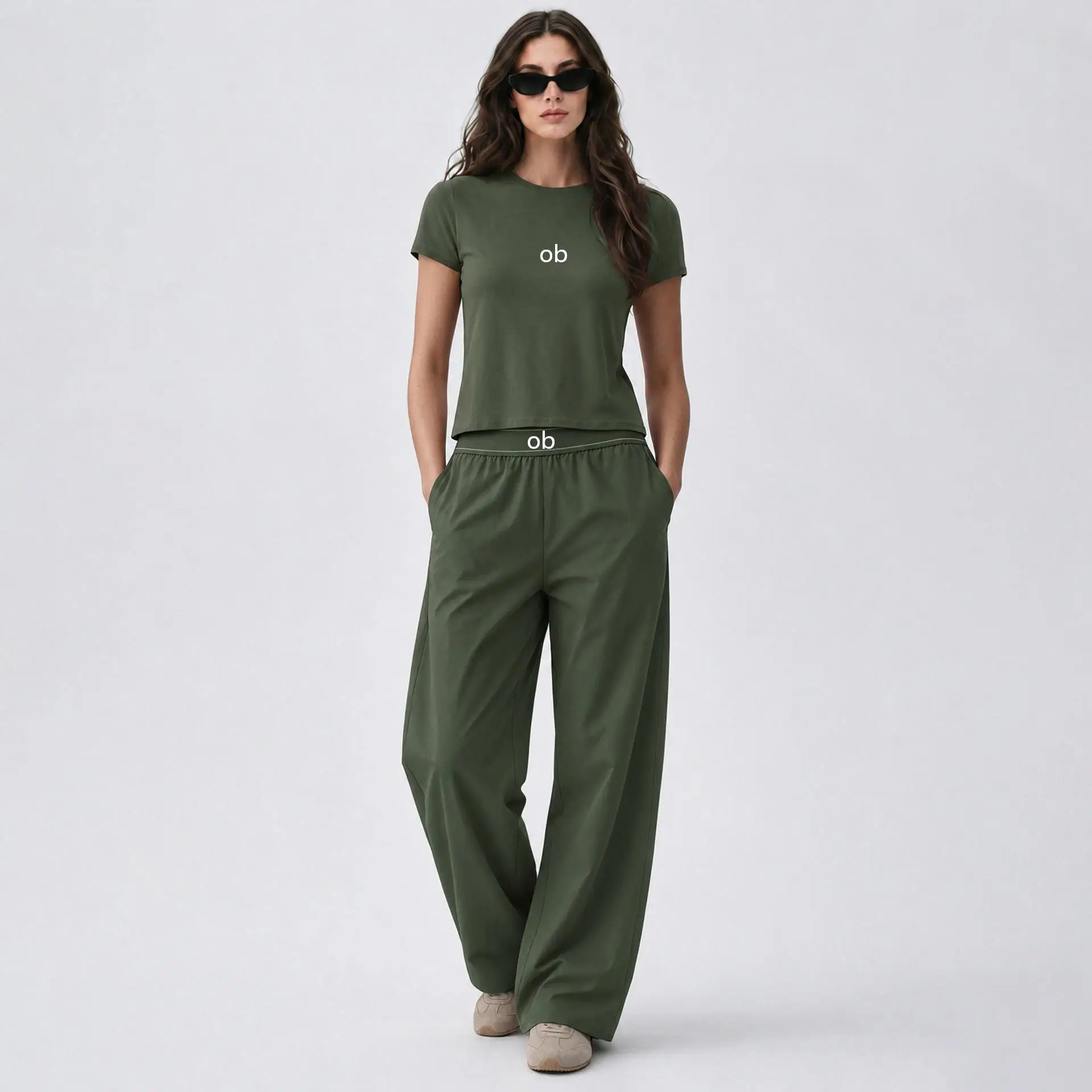 Fashion nude 2-piece yoga set - quick drying fitness straight leg sports pants short yoga round neck short sleeved set