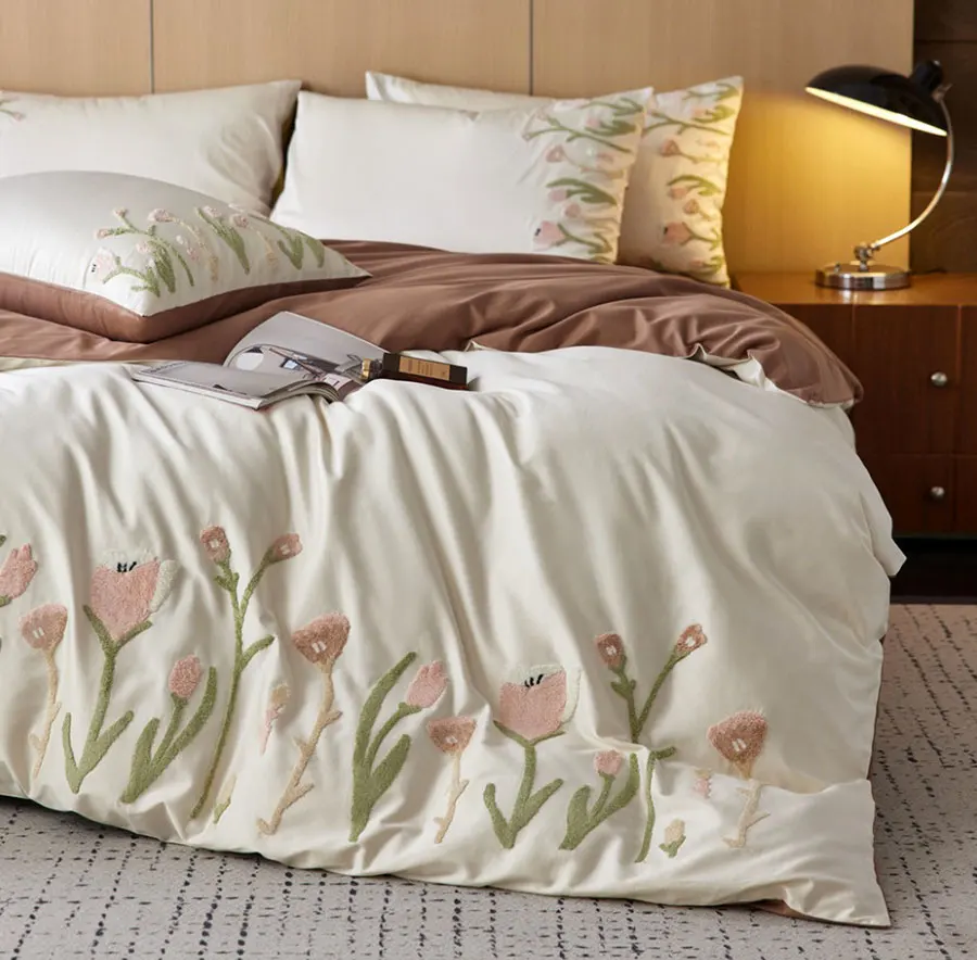 Elegant sweet embroidery flower tulip green purple bed set,full queen king cotton home textile bed sheet pillow case duvet cover