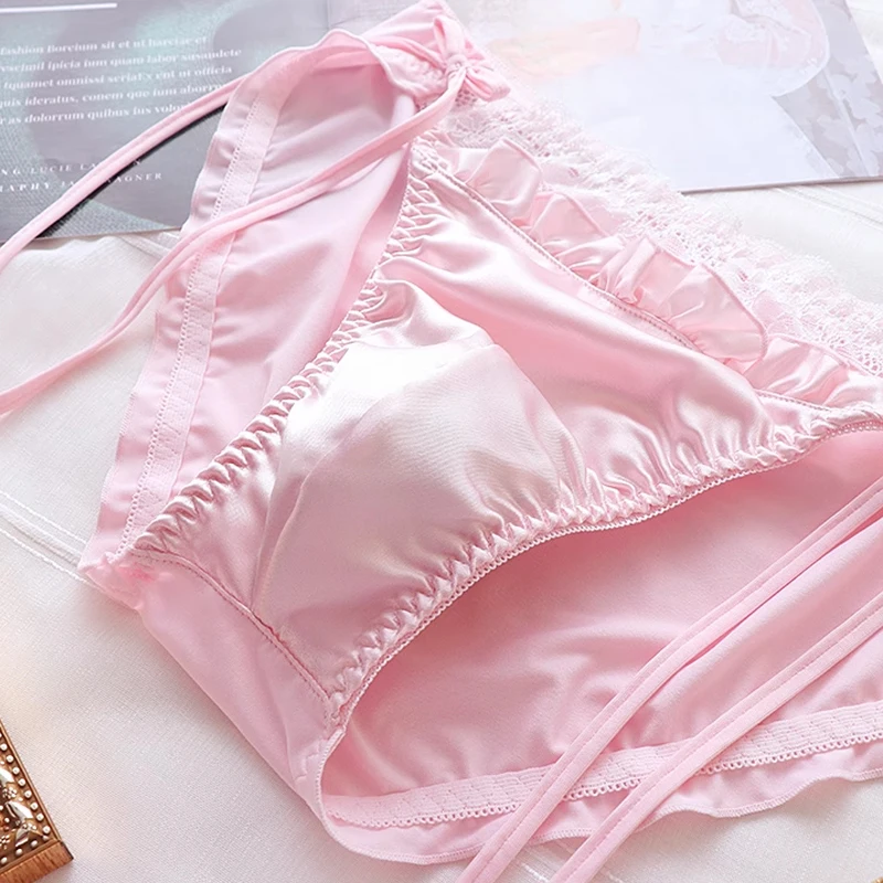 남성용 핑크 브리프 실크 레이스 주름 부드러운 시시 스위트 브리프 순색 크로스드레싱 보우 팬티 커플 BF 이너웨어 팬티