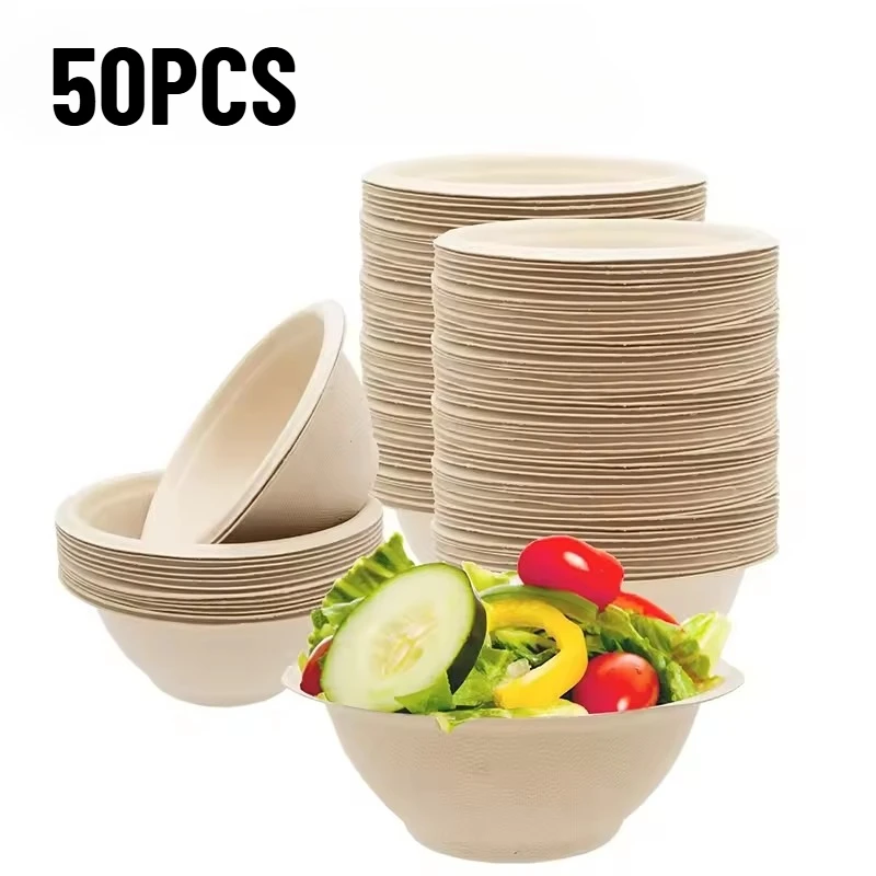 50PCS Disposable Paper Bowls Biodegradable Sugarcane Pulp Bowl Soup Fruit Salad Desserts Tableware Food Containers For Picnic