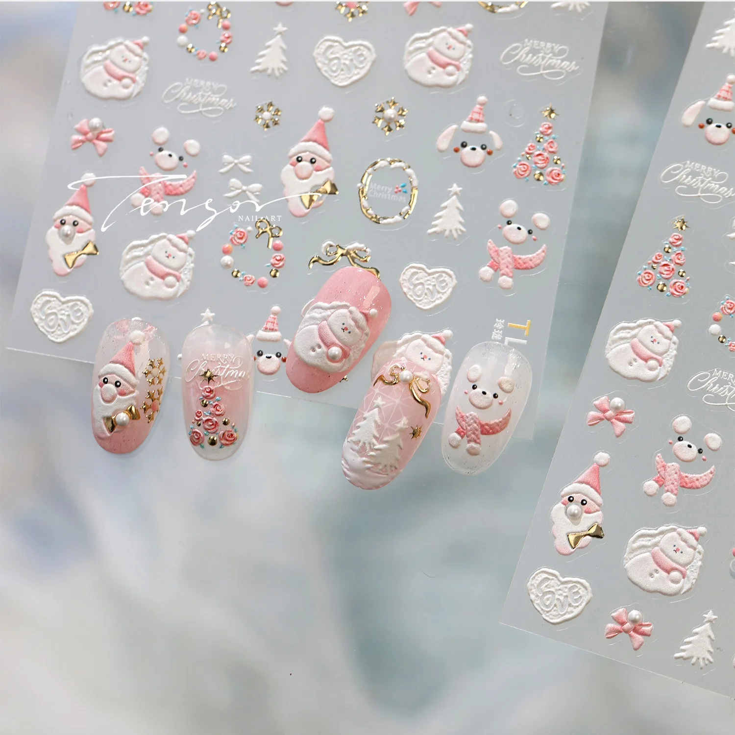 Rosa Weihnachtsmann Bär Hase 5D Nagelaufkleber Perlen-Girlande Weihnachtsbaum Schleife Strass Schneeflocke Selbstklebende Abziehbilder Feiertags-Nageldekoration