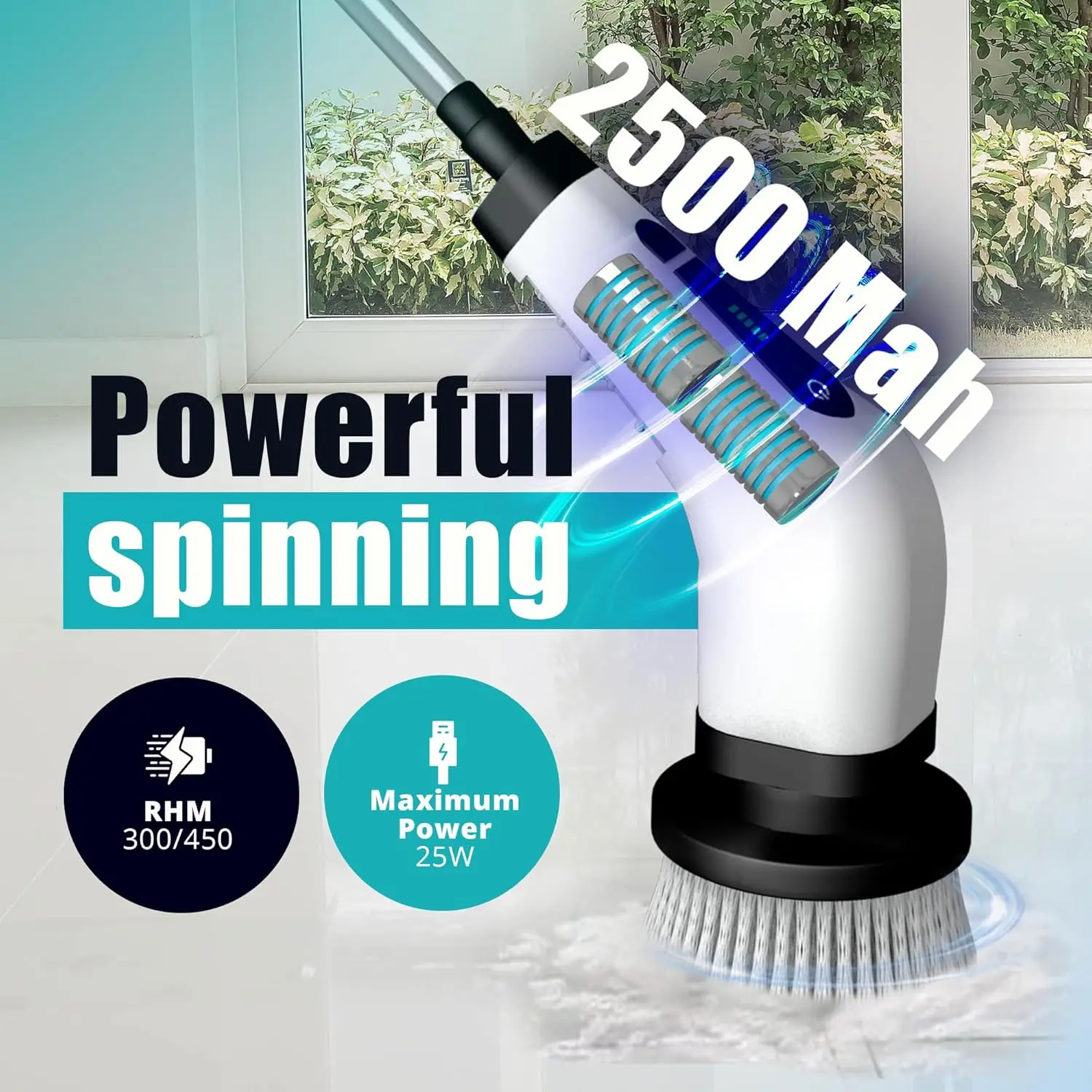 Elebe Electric Spin Scrubber - 7 Brush Heads, 2 Speeds, Adjustable Handle, Bathroom Cleaner, 300/450 RPM