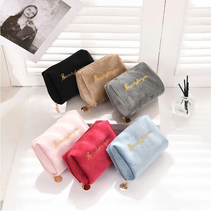 Velvet Zipper Makeup Bag Korean Double-layer Large Capacity Travel Cosmetics Storage Bag Embroidery Envelope Pouch Women Clutch