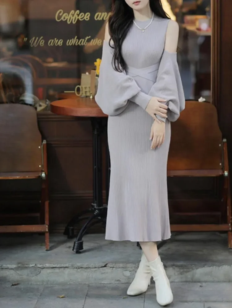 Off Shoulder Sweet Thousand-Dollar Lantern Sleeve Shirt+Thread Knitted Skirt 2025 Autumn Winter New Japanstyle Female Suits