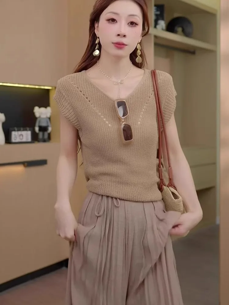 

Корейский легкий роскошный топ из вязаного ледяного шелка с ажурным дизайном, летняя повседневная модная женская одежда