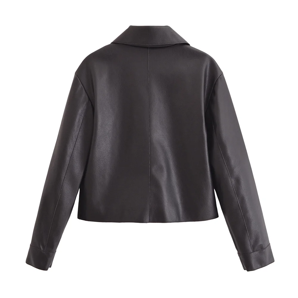 PB&ZA2024 autumn new women\'s clothing temperament black leather straight shirt collar long sleeve short leather jacket