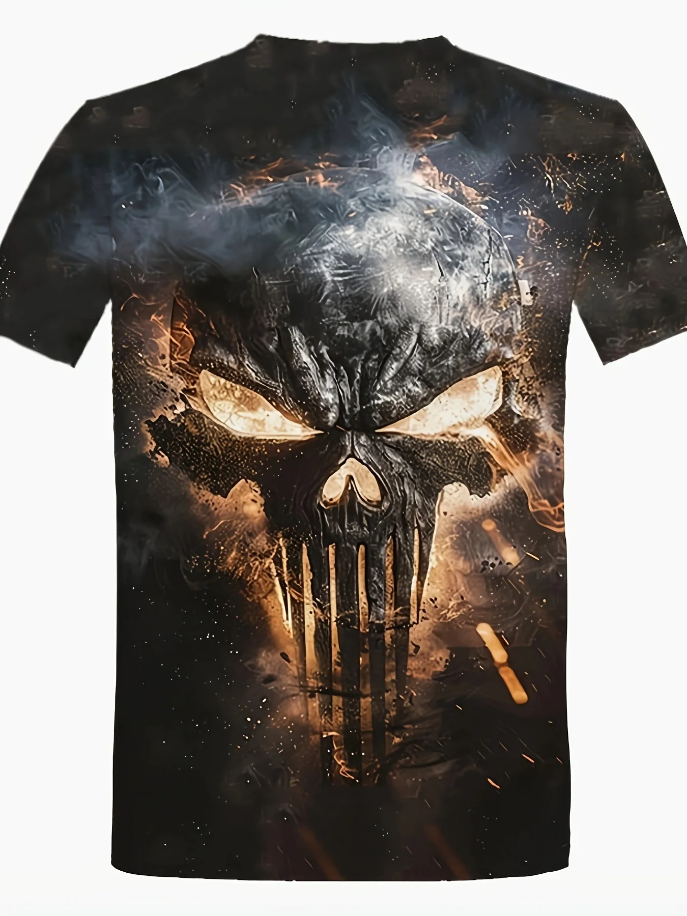 Summer Fashion 3D Digital Flame Skull with Spark Print T-shirt, Crew-neck Innovative and Stylish Outdoor Activity Top