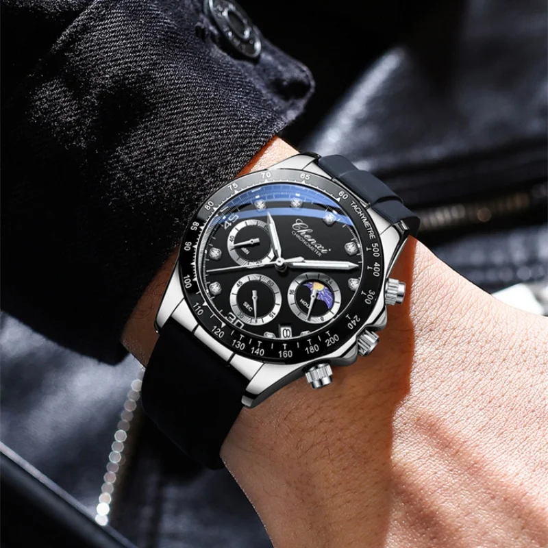 CHENXI 958B Reloj de cuarzo a la moda para hombre, calendario de fase lunar, cronógrafo, correa de silicona, relojes informales de negocios resistentes al agua para hombre