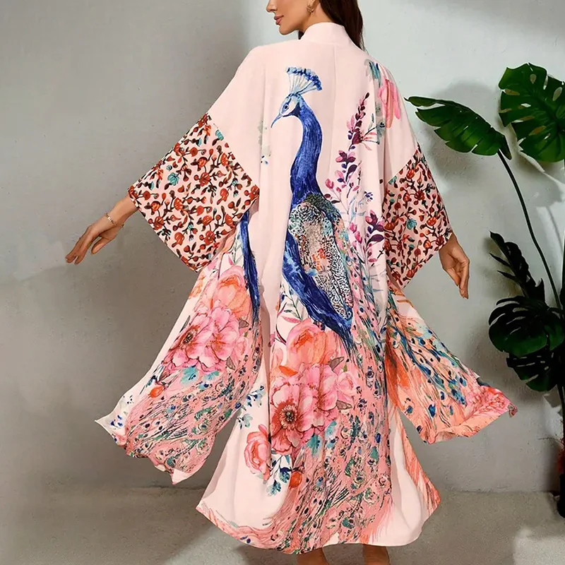 Europeu e americano retro solto plus size meados de comprimento quimono cardigan verão praia proteção solar cover-up bikini maiô outerwear yukata solto cardigan outerwear